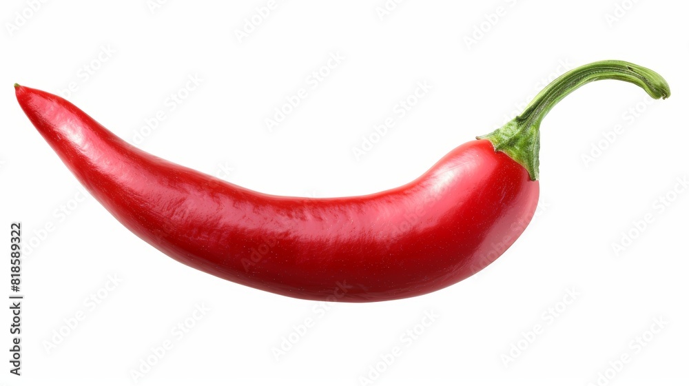 Close-up of a single red chili pepper, green stem, isolated on white, ideal for food ads, studio lighting, high detail