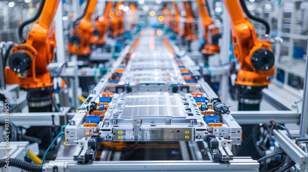 Close-up of high-tech assembly line for electric car battery cells, showcasing advanced machinery and industrial precision in a modern factory Close-up of high-tech assembly line for electric car battery cells, showcasing advanced machinery and industrial precision in a modern factory