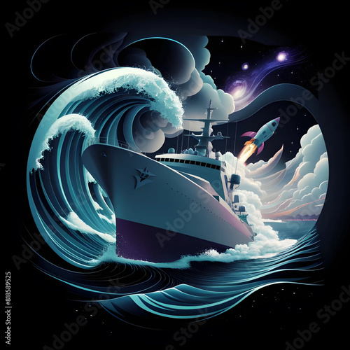 illustration of a ship in the water with a rocket in the background