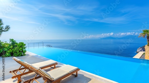 Luxury resort swimming pool with sunbed against sea