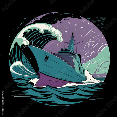 illustration of a ship in the water with a rocket in the background