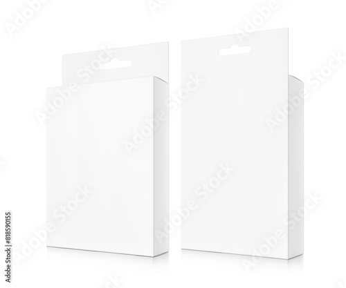 Hanging packaging box mockup for electronic and mobile accessories. Half side views. Vector illustration isolated on white background. Ready and simple to use for your design. EPS10.