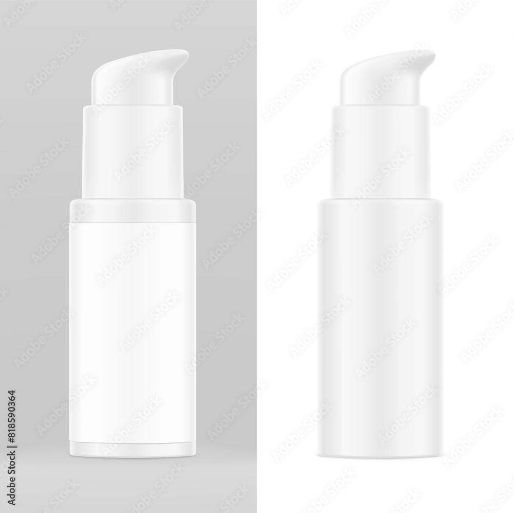 Airless pump bottle with label mockup isolated on white and grey background. Vector illustration. Сan be used for cosmetic, medical and other needs. Symmetrical lighting scheme. EPS10. Airless pump bottle with label mockup isolated on white and grey background. Vector illustration. Сan be used for cosmetic, medical and other needs. Symmetrical lighting scheme. EPS10.