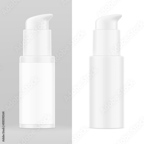 Airless pump bottle with label mockup isolated on white and grey background. Vector illustration. Сan be used for cosmetic, medical and other needs. Symmetrical lighting scheme. EPS10.	