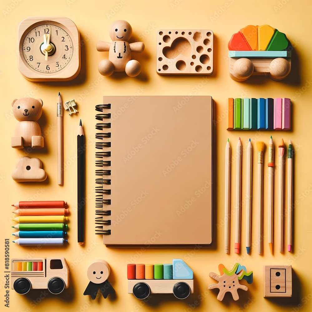 AI Generate of Wooden Kid Toys and Sketchbook Early Education, Kindergarten, Pre-school, Learn and Play Concept
