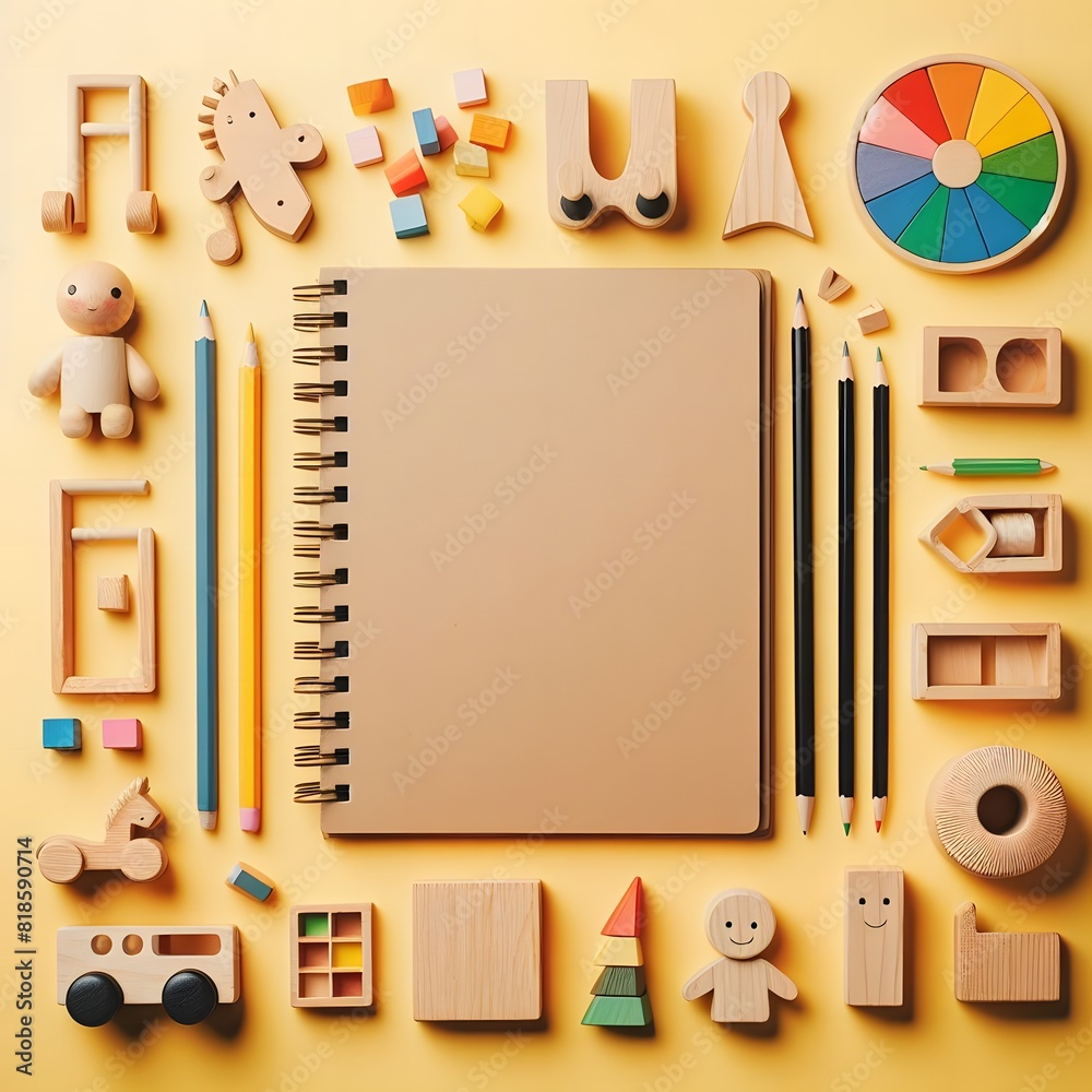 Fototapeta premium AI Generate of Wooden Kid Toys and Sketchbook Early Education, Kindergarten, Pre-school, Learn and Play Concept