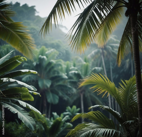 background of exotic tropical plants  tropical greenery  tropical forest  palm trees 