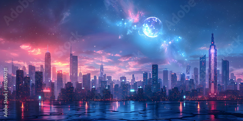 a cityscape with neon lights and skyscrapers in the foreground, and a pink and blue sky in the background, with stars in the middle of the foreground.