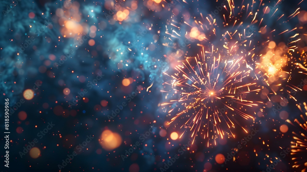 Obraz premium Festive colorful fireworks display on dark blue background with copy space for text, New Year celebration concept. 