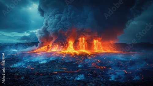 Awe Inspiring Eruption of a Powerful Volcano Spewing Molten Lava and Billowing Plumes of Smoke