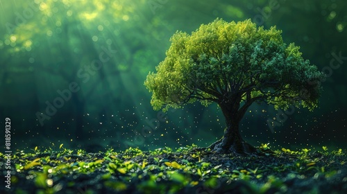 A serene forest scene featuring a solitary tree bathed in sunlight, surrounded by lush greenery and fresh foliage. Nature's beauty captured beautifully.