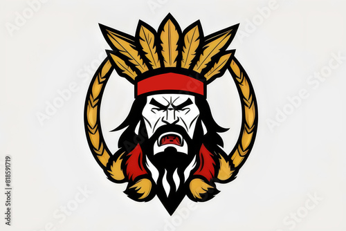 a flat vector style logo depicting An angry aboriginal chief  for a sports team,  rage, native, indian, indigenous, warrior