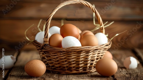 A rustic table with a basket of fresh brown and white eggs.

