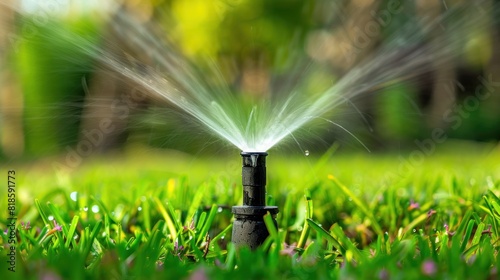 An automatic lawn sprinkler waters the green grass.