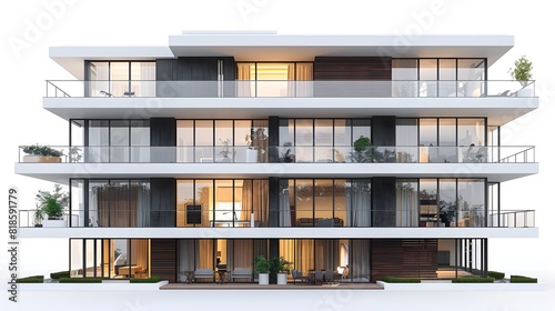 modern apartment building, white background, orthographic view, architectural design style, smooth and clean .
 photo