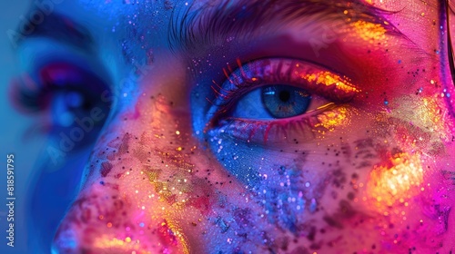 Close-up of a person's face with colorful, glowing makeup under vibrant lighting. The image is a stunning display of creative cosmetics.
