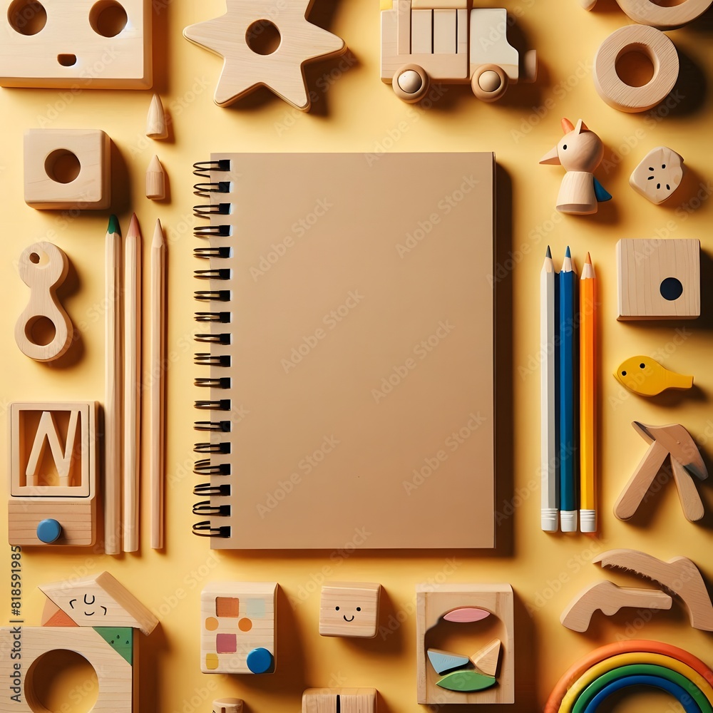 AI Generate of Wooden Kid Toys and Sketchbook Early Education, Kindergarten, Pre-school, Learn and Play Concept AI Generate of Wooden Kid Toys and Sketchbook Early Education, Kindergarten, Pre-school, Learn and Play Concept