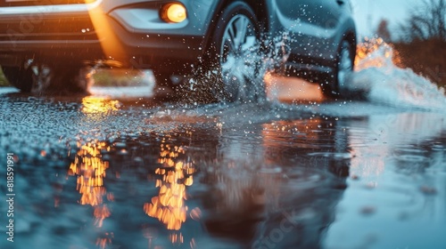 A car drives through a puddle, splashing water around.