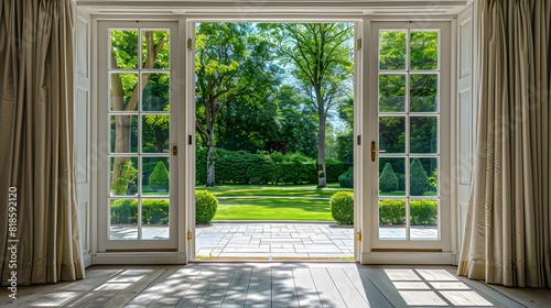 Open the prestigous white patio doors  view of a large garden with a lawn and trees and hedges  bright daylight. 