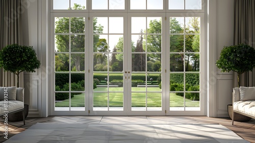 Open the prestigous white patio doors  view of a large garden with a lawn and trees and hedges  bright daylight. 