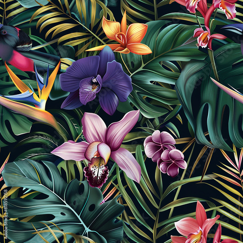 The image is a seamless pattern of tropical flowers and leaves. The flowers are mostly orchids, and the leaves are mostly palm leaves. The colors are vibrant and saturated.