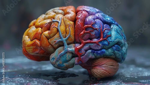 Colorful human brain model showcasing detailed anatomy, with vibrant representation of left and right hemispheres. photo