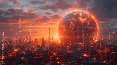 Futuristic city skyline at sunset with a glowing, holographic sphere. The vibrant urban landscape showcases advanced technology and innovation.