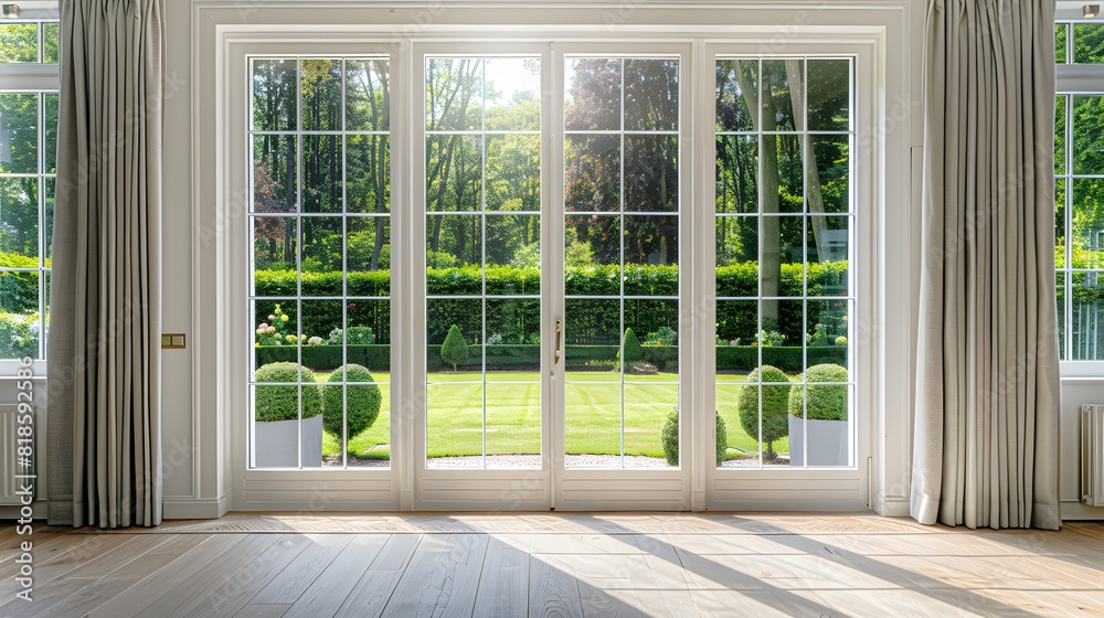 Fototapeta premium Open the prestigous white patio doors, view of a large garden with a lawn and trees and hedges, bright daylight.