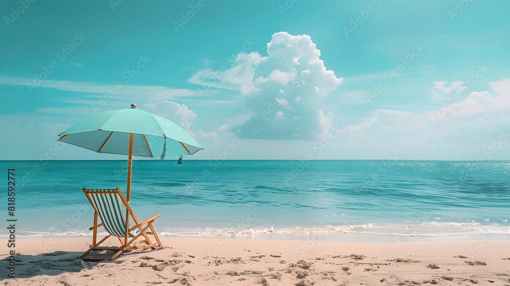 Photo of a beach umbrella and chair on the sand in the style of an empty ocean, teal color tone.
