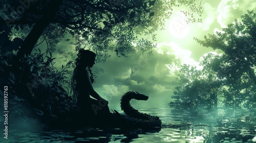 Silhouette of a lamia in a fantasy setting, the halfsnake, halfhuman creature poised in a magical forest, exuding an ethereal, cursed aura with a serene background