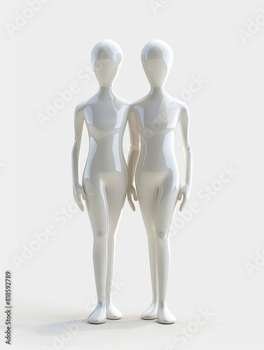 Create a realistic 3D model of two mannequins made of white glossy plastic