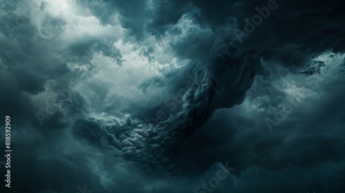 Dramatic tornado close-up, ominous clouds looming above, extreme weather captured in stunning detail and vivid colors photo