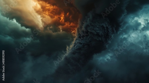 Dramatic tornado close-up, ominous clouds looming above, extreme weather captured in stunning detail and vivid colors