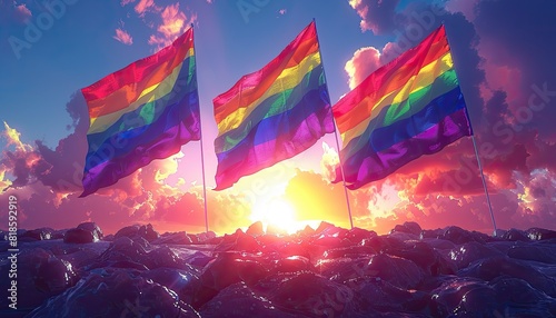 Vibrant pride flags wave against a stunning sunset sky  celebrating diversity and inclusion in a picturesque landscape of unity and hope.