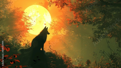 Tranquil silhouette of a kitsune, portrayed as a wise and cunning mythical being, set in a magical, enchanted forest scene, perfect for a fantasy creature design