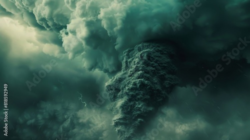 Extreme close-up of a powerful tornado, ominous clouds overhead, capturing the raw and destructive force of nature