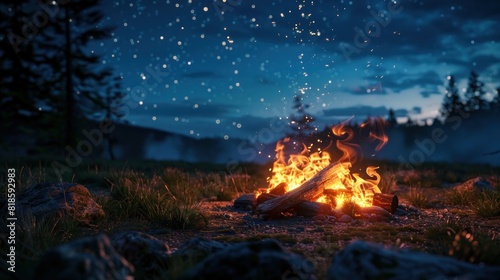 A glowing campfire at dusk, creating a warm ambiance for enjoying the summer wilderness.
