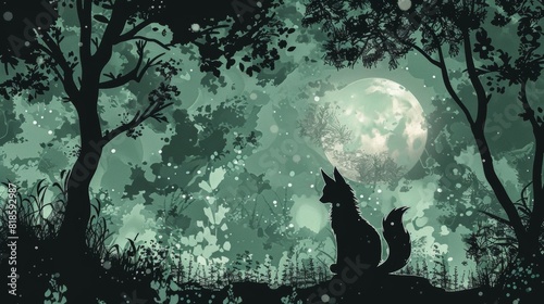 Tranquil silhouette of a kitsune, portrayed as a wise and cunning mythical being, set in a magical, enchanted forest scene, perfect for a fantasy creature design photo