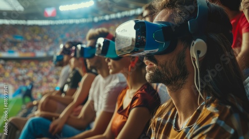 Fans watching a football match with virtual reality glasses in a stadium in the stands in high resolution and high quality. virtual reality concept, group, fans, football, people, stadium, vr