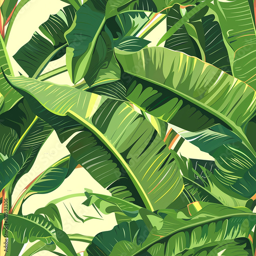 The image is a pattern of green banana leaves with light yellow veins on a cream background.