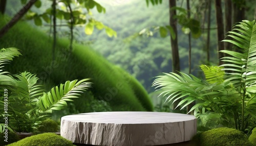 Podium background product green nature 3D forest stand white plant.