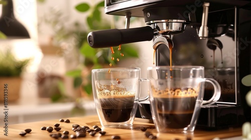 A home espresso machine brewing a fresh dual shot of espresso into clear mugs.