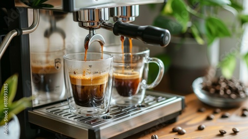 A home espresso machine brewing a fresh dual shot of espresso into clear mugs.  