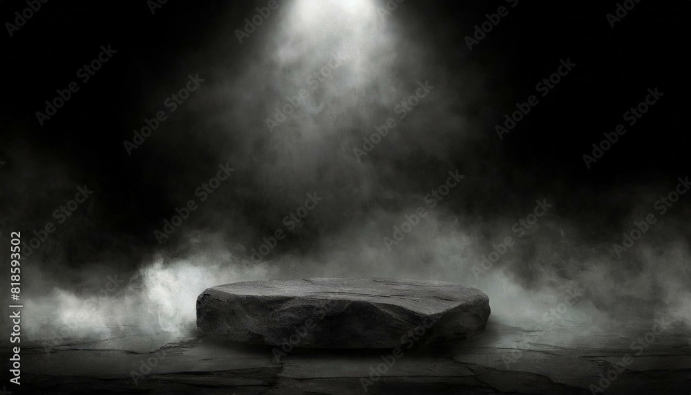 Podium black dark smoke background product platform abstract stage texture fog spotlight