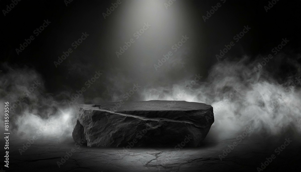 Podium black dark smoke background product platform abstract stage texture fog spotlight