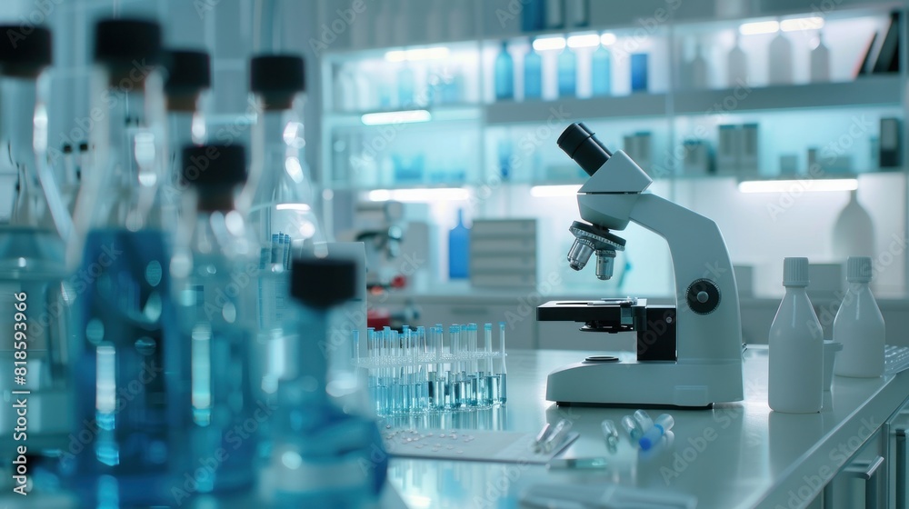 A cutting-edge medical research lab equipped with a microscope and test tubes filled with various biochemicals.
A cutting-edge medical research lab equipped with a microscope and test tubes filled with various biochemicals.