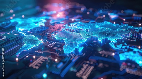 A 3D visualization of cloud networking across a holographic world map, showing data flow between continents photo