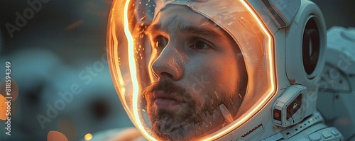 Close-up of an astronaut with an illuminated helmet visor, contemplating in space, displaying intricate suit details and a reflective expression.