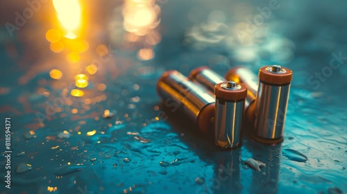 Several small batteries placed on a blue table.

 photo