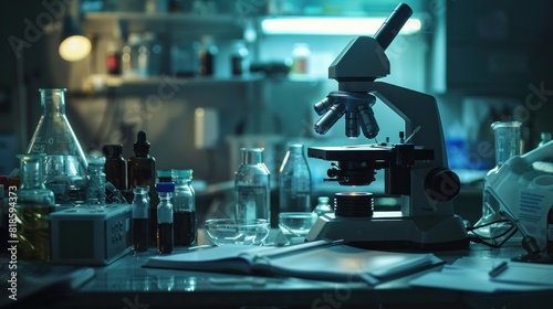 A science lab setup featuring a microscope.

 photo